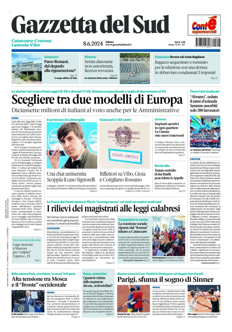 Prima-pagina-gazzetta-del-sud-calabria-di-oggi-08-06-2024