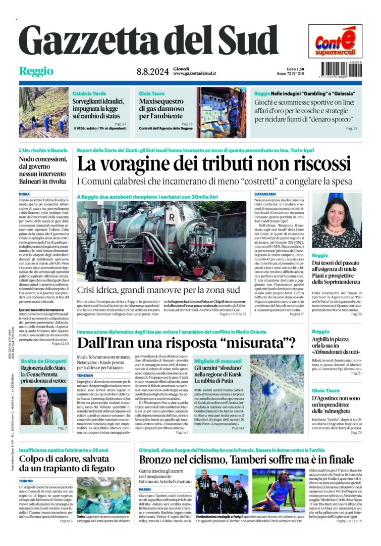 Prima-pagina-gazzetta-del-sud-calabria-di-oggi-08-08-2024