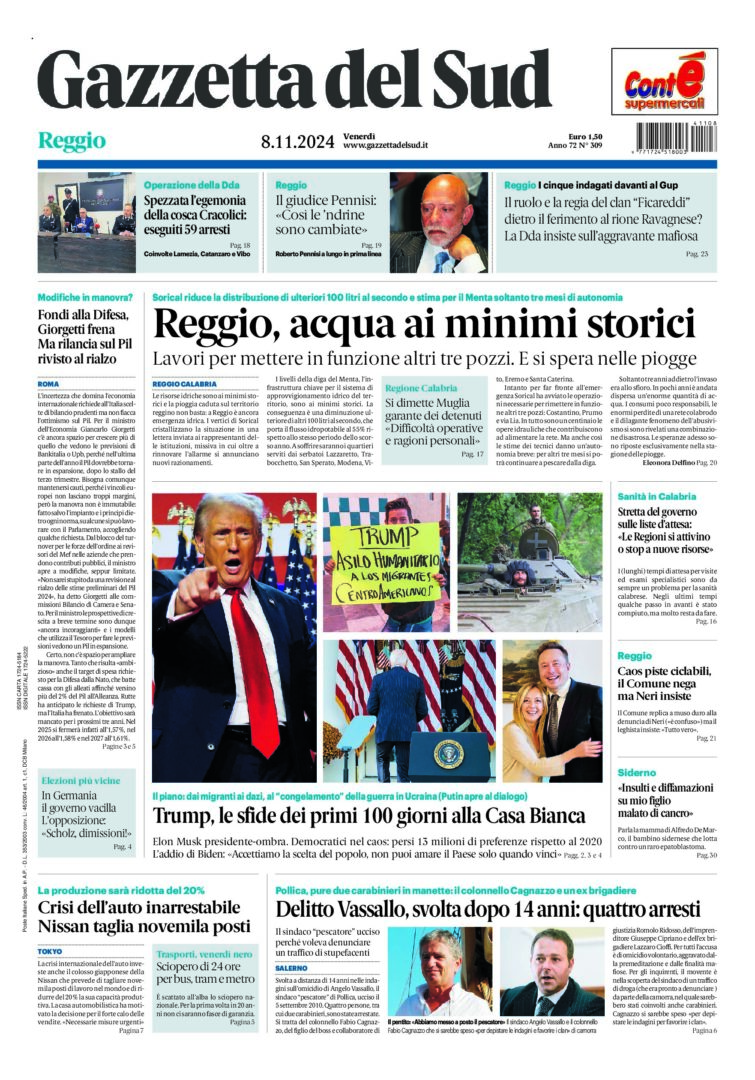 Prima-pagina-gazzetta-del-sud-calabria-di-oggi-08-11-2024