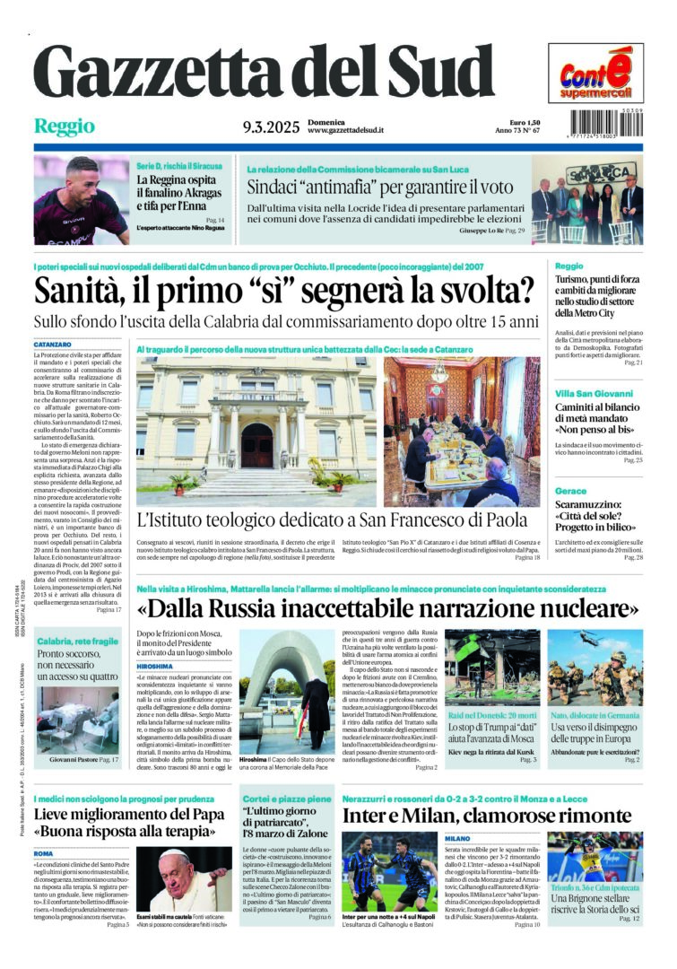 Prima-pagina-gazzetta-del-sud-calabria-di-oggi-09-03-2025