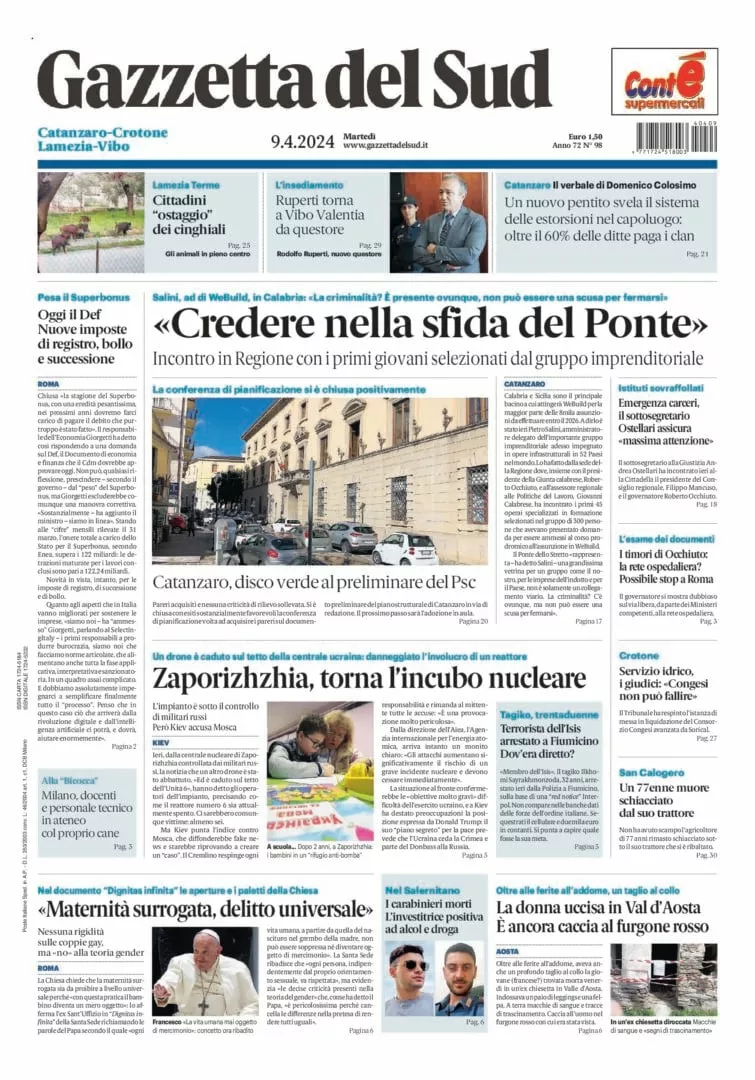 Prima-pagina-gazzetta-del-sud-calabria-di-oggi-09-04-2024