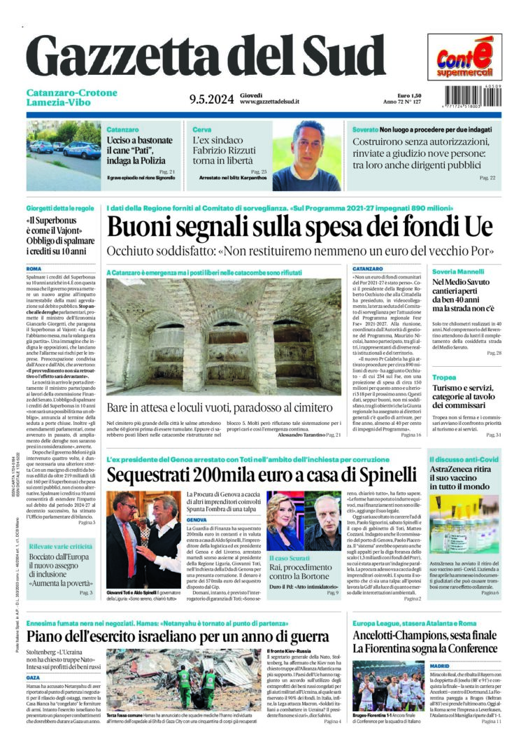 Prima-pagina-gazzetta-del-sud-calabria-di-oggi-09-05-2024