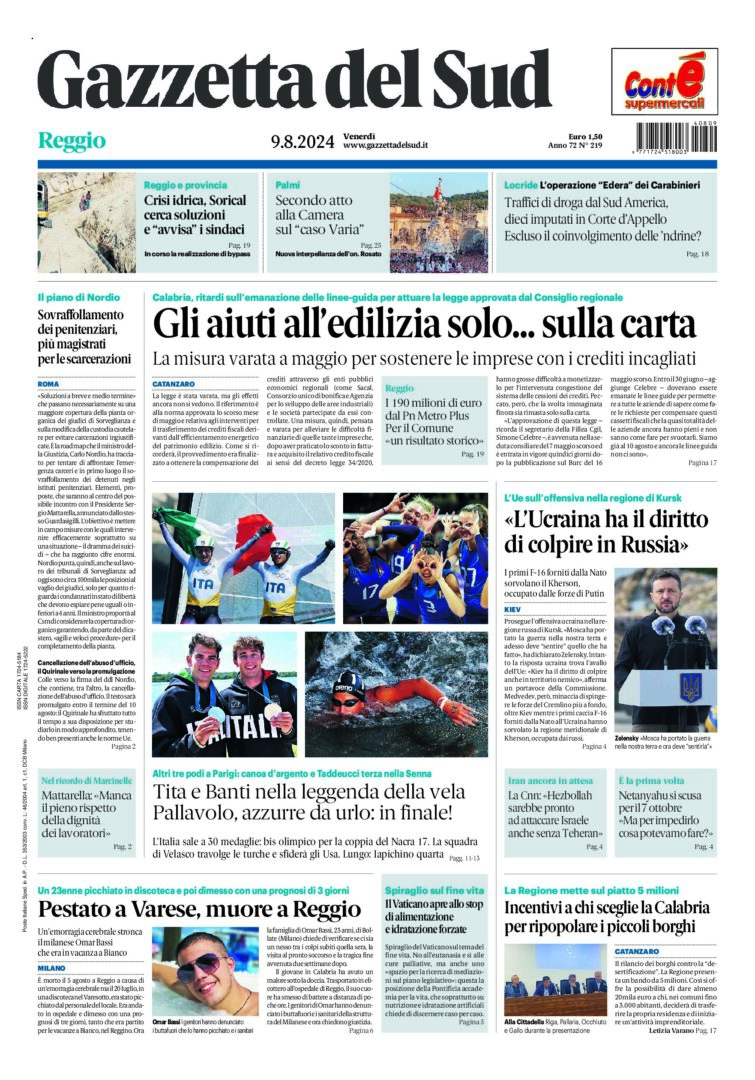 Prima-pagina-gazzetta-del-sud-calabria-di-oggi-09-08-2024