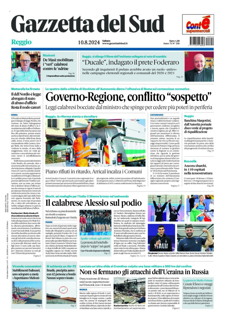 Prima-pagina-gazzetta-del-sud-calabria-di-oggi-10-08-2024