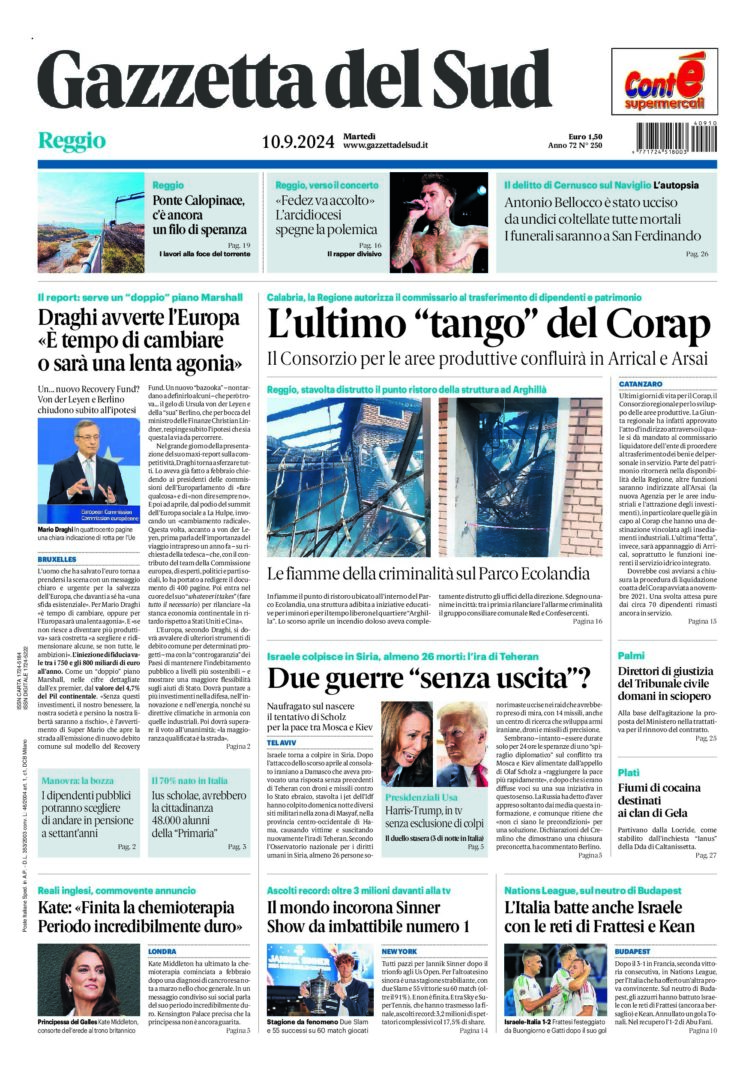 Prima-pagina-gazzetta-del-sud-calabria-di-oggi-10-09-2024