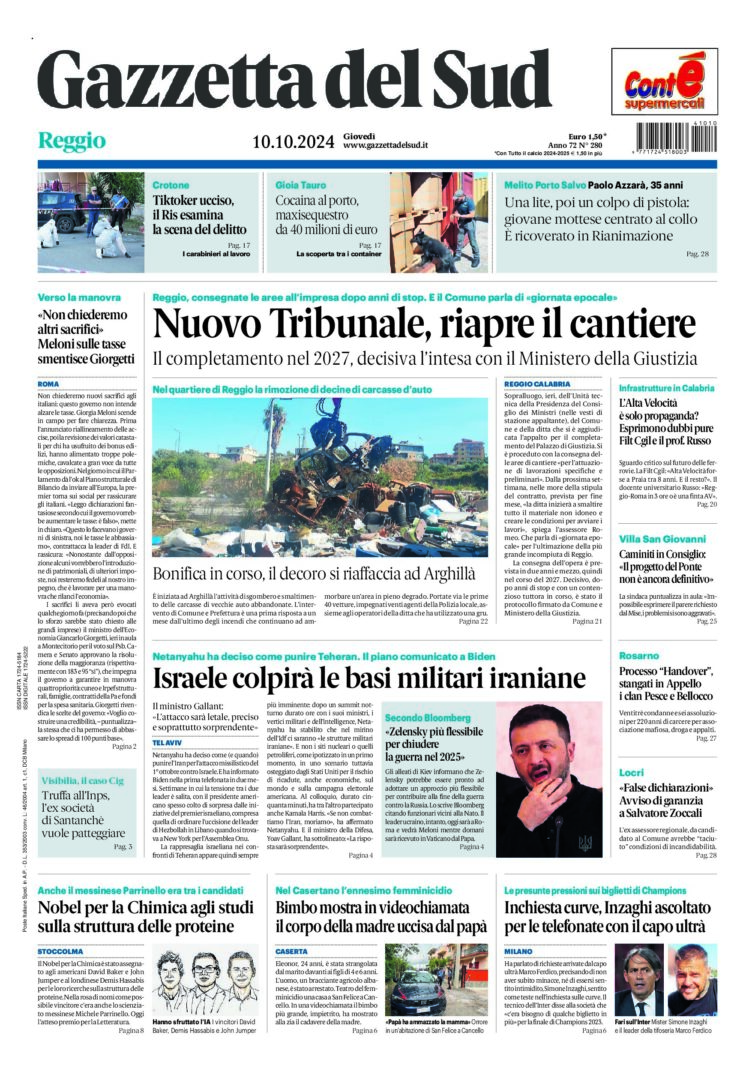 Prima-pagina-gazzetta-del-sud-calabria-di-oggi-10-10-2024