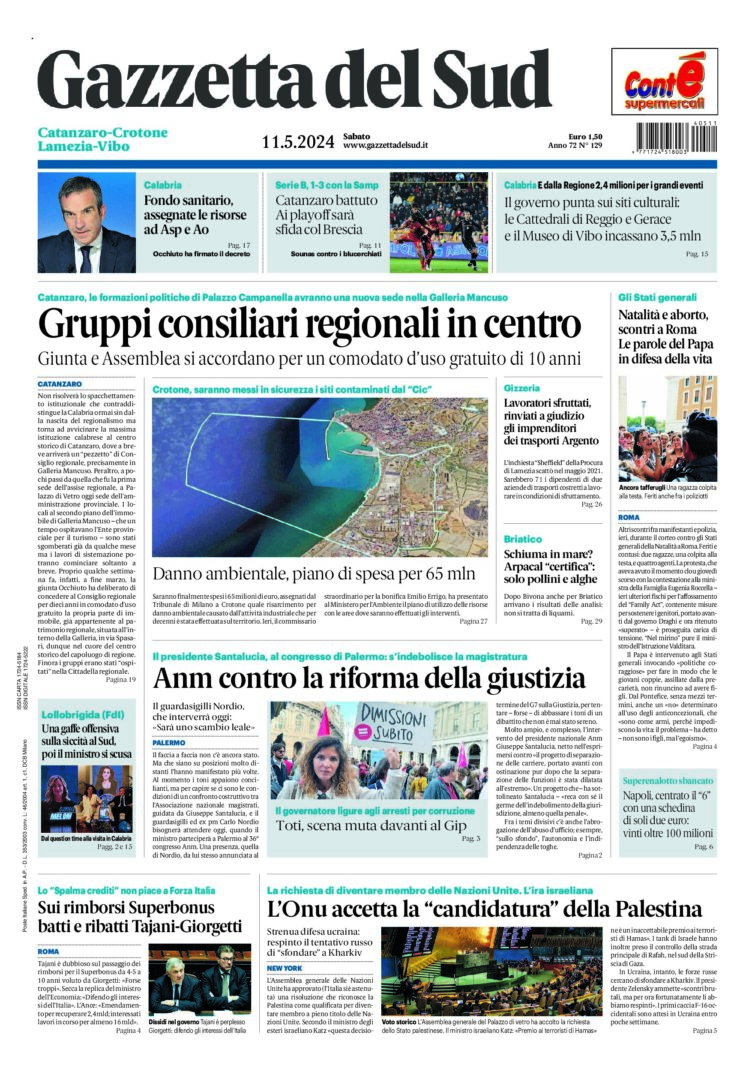 Prima-pagina-gazzetta-del-sud-calabria-di-oggi-11-05-2024