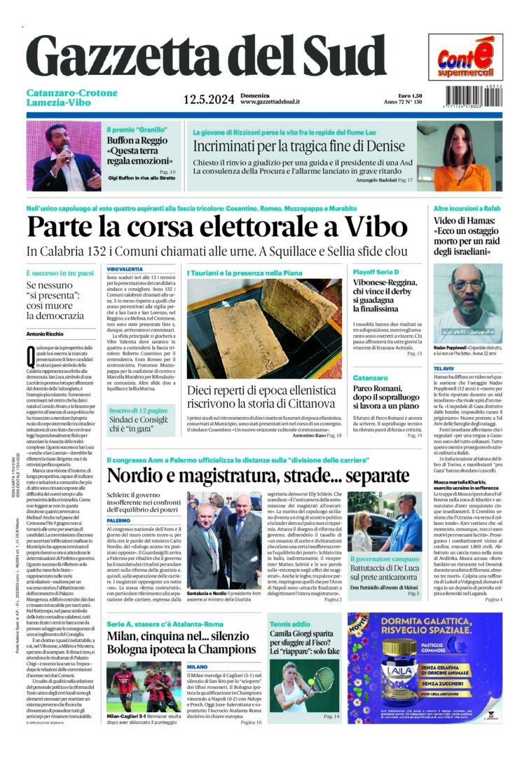 Prima-pagina-gazzetta-del-sud-calabria-di-oggi-12-05-2024