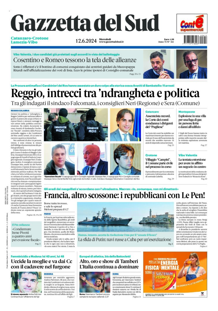 Prima-pagina-gazzetta-del-sud-calabria-di-oggi-12-06-2024