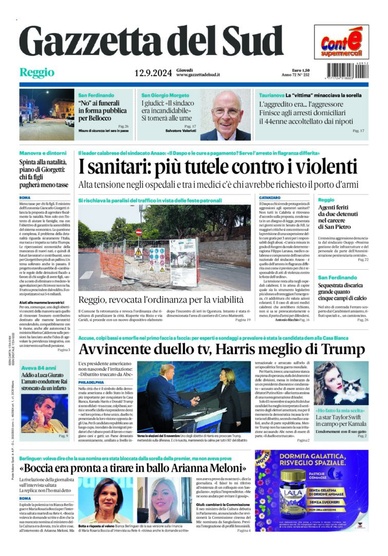 Prima-pagina-gazzetta-del-sud-calabria-di-oggi-12-09-2024