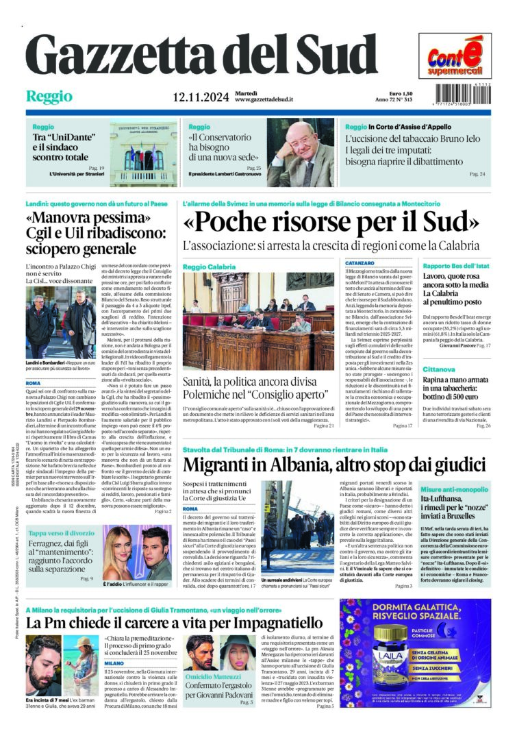 Prima-pagina-gazzetta-del-sud-calabria-di-oggi-12-11-2024