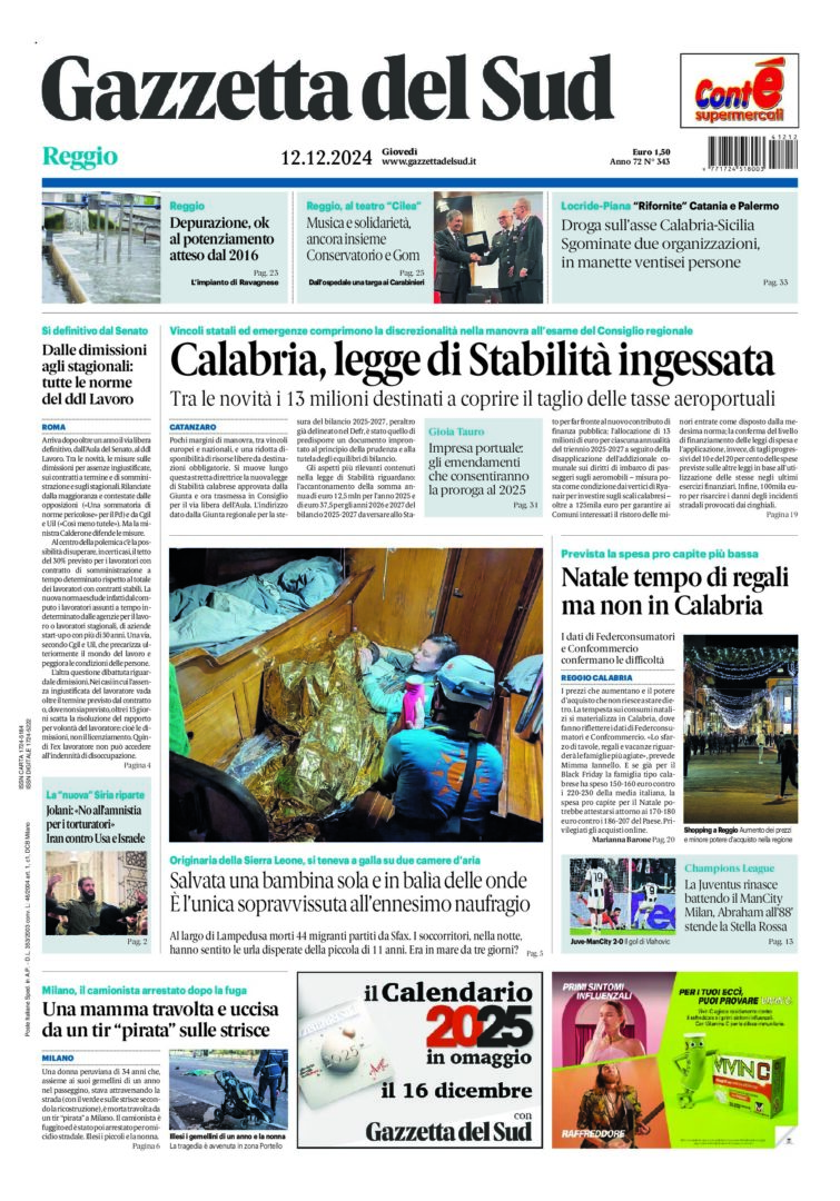 Prima-pagina-gazzetta-del-sud-calabria-di-oggi-12-12-2024