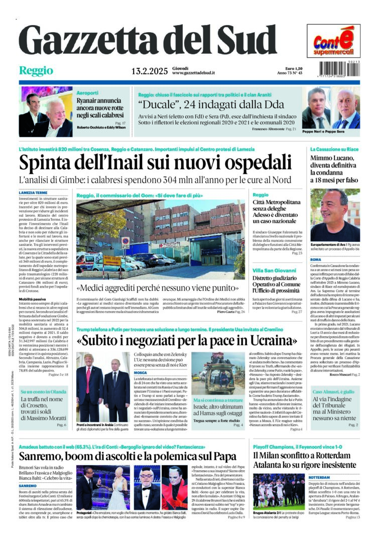 Prima-pagina-gazzetta-del-sud-calabria-di-oggi-13-02-2025