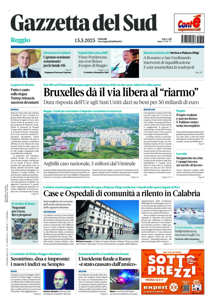 Prima-pagina-gazzetta-del-sud-calabria-di-oggi-13-03-2025