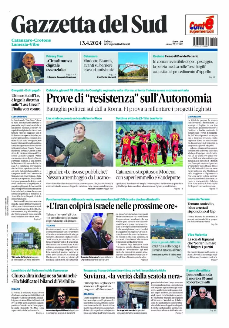 Prima-pagina-gazzetta-del-sud-calabria-di-oggi-13-04-2024