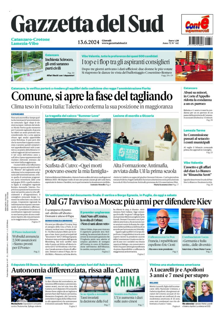 Prima-pagina-gazzetta-del-sud-calabria-di-oggi-13-06-2024