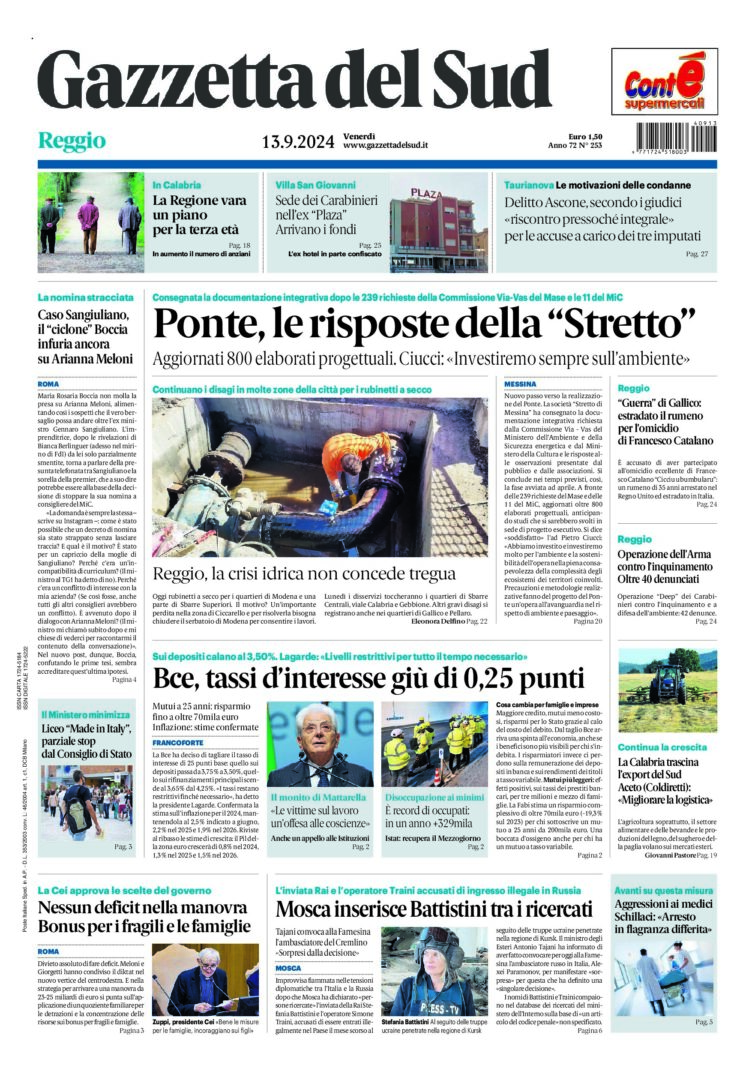 Prima-pagina-gazzetta-del-sud-calabria-di-oggi-13-09-2024