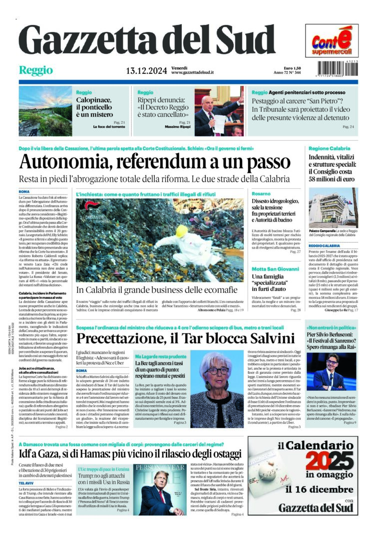 Prima-pagina-gazzetta-del-sud-calabria-di-oggi-13-12-2024