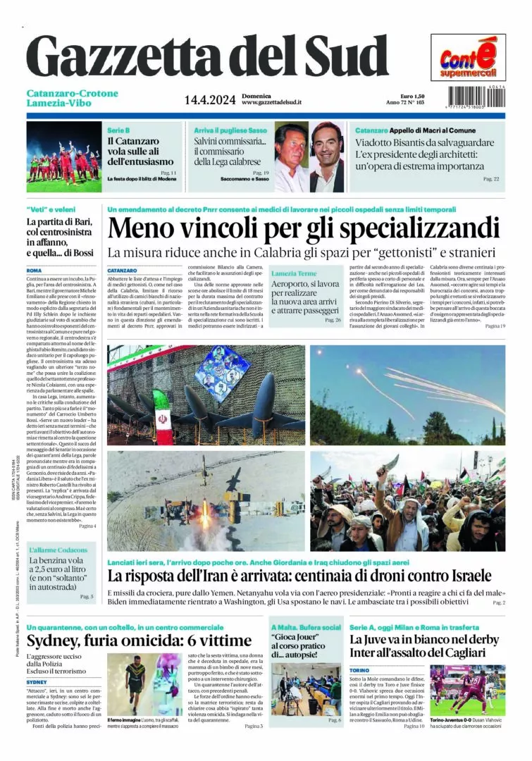 Prima-pagina-gazzetta-del-sud-calabria-di-oggi-14-04-2024