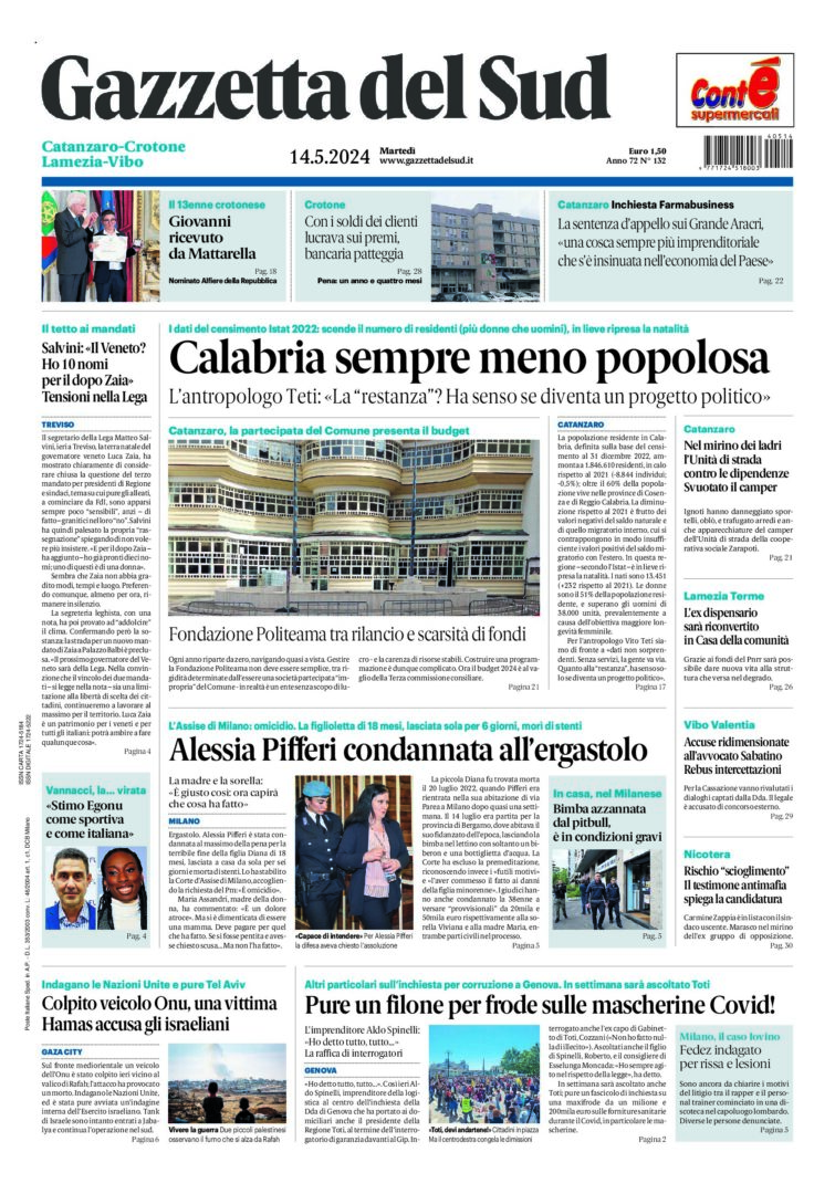 Prima-pagina-gazzetta-del-sud-calabria-di-oggi-14-05-2024