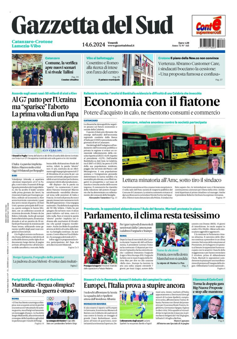 Prima-pagina-gazzetta-del-sud-calabria-di-oggi-14-06-2024