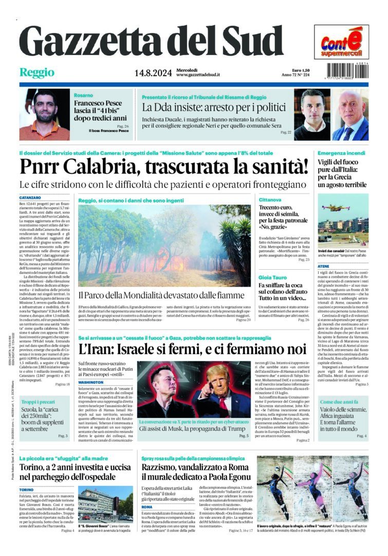 Prima-pagina-gazzetta-del-sud-calabria-di-oggi-14-08-2024