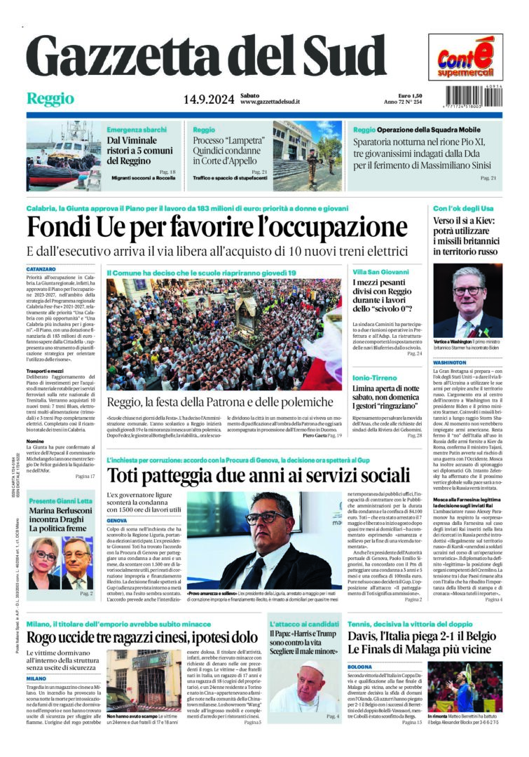 Prima-pagina-gazzetta-del-sud-calabria-di-oggi-14-09-2024