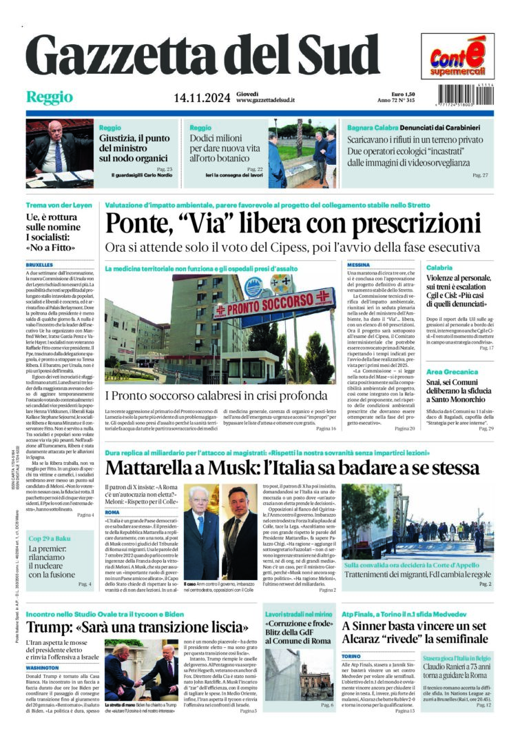 Prima-pagina-gazzetta-del-sud-calabria-di-oggi-14-11-2024