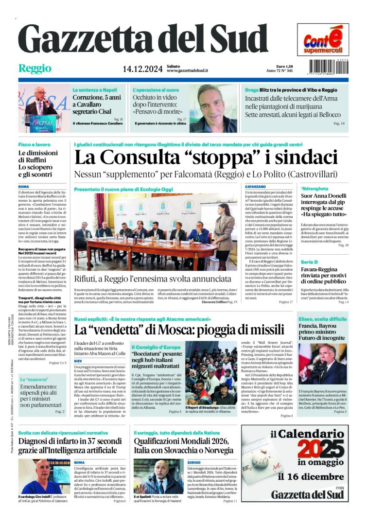 Prima-pagina-gazzetta-del-sud-calabria-di-oggi-14-12-2024