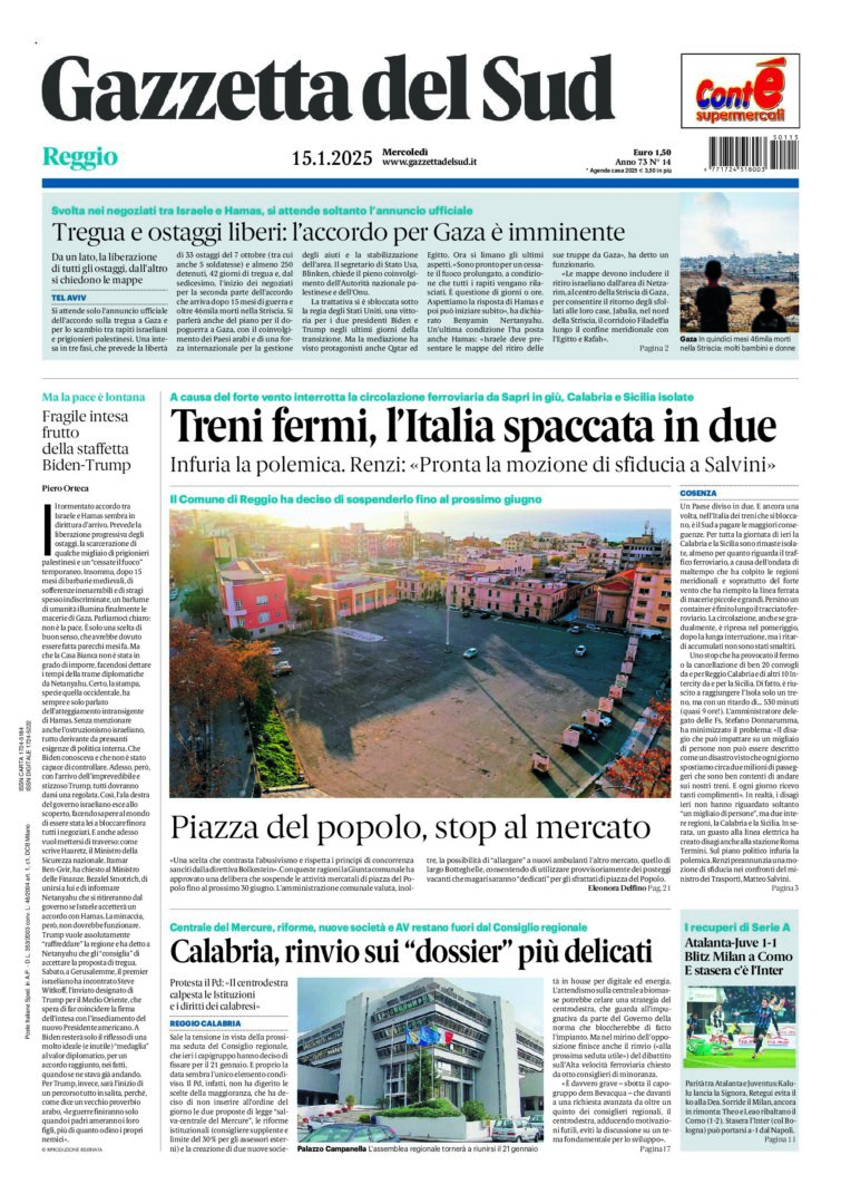 Prima-pagina-gazzetta-del-sud-calabria-di-oggi-15-01-2025