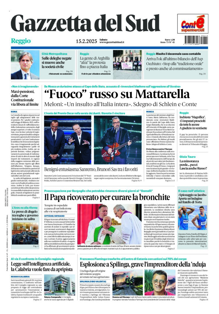 Prima-pagina-gazzetta-del-sud-calabria-di-oggi-15-02-2025