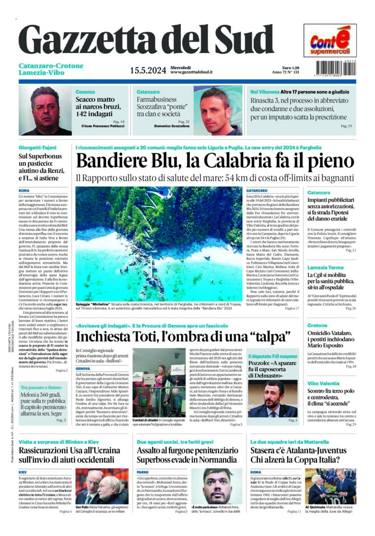 Prima-pagina-gazzetta-del-sud-calabria-di-oggi-15-05-2024