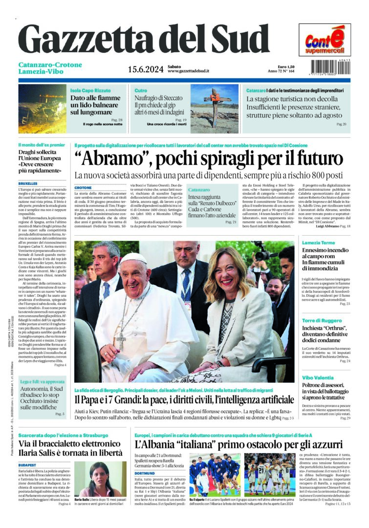 Prima-pagina-gazzetta-del-sud-calabria-di-oggi-15-06-2024