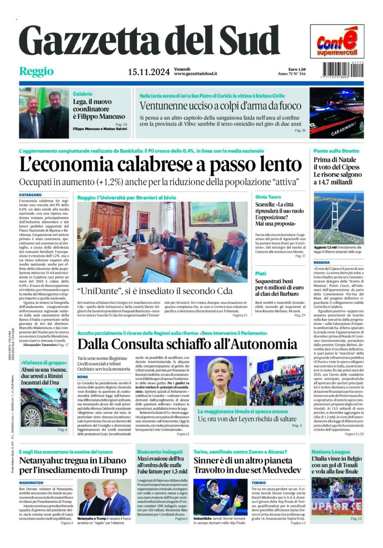 Prima-pagina-gazzetta-del-sud-calabria-di-oggi-15-11-2024