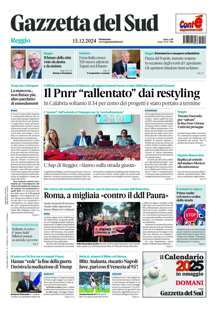 Prima-pagina-gazzetta-del-sud-calabria-di-oggi-15-12-2024