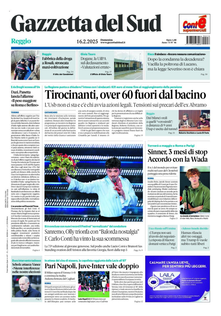 Prima-pagina-gazzetta-del-sud-calabria-di-oggi-16-02-2025