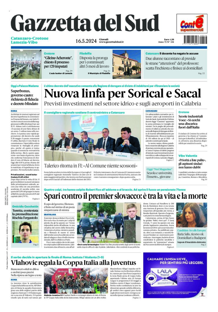 Prima-pagina-gazzetta-del-sud-calabria-di-oggi-16-05-2024