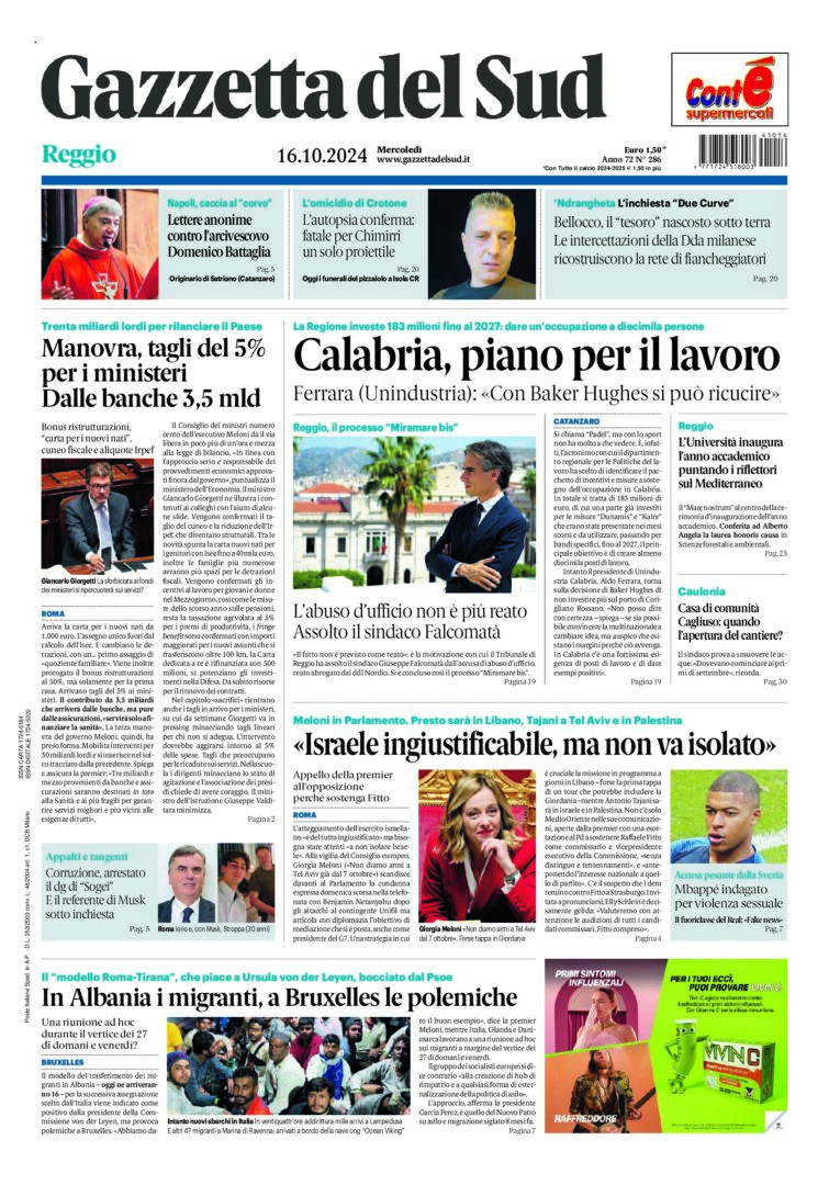 Prima-pagina-gazzetta-del-sud-calabria-di-oggi-16-10-2024