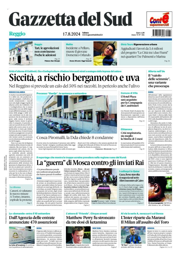 Prima-pagina-gazzetta-del-sud-calabria-di-oggi-17-08-2024