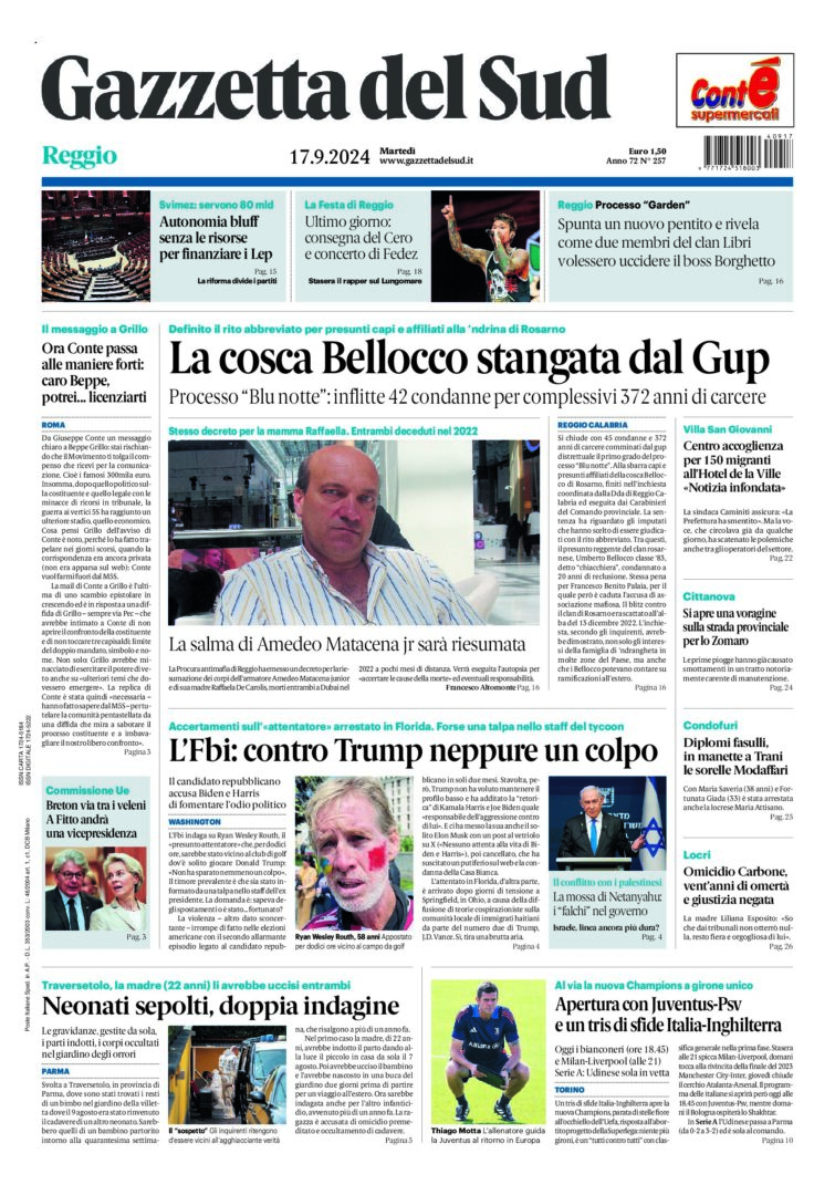 Prima-pagina-gazzetta-del-sud-calabria-di-oggi-17-09-2024