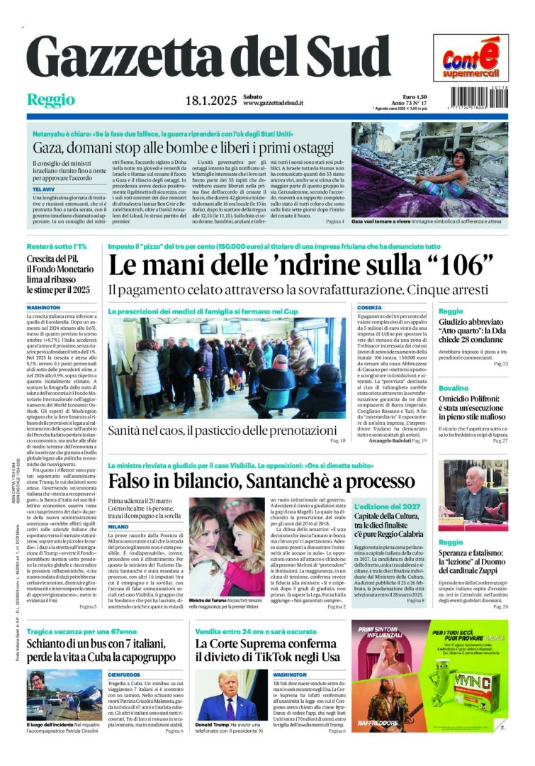 Prima-pagina-gazzetta-del-sud-calabria-di-oggi-18-01-2025