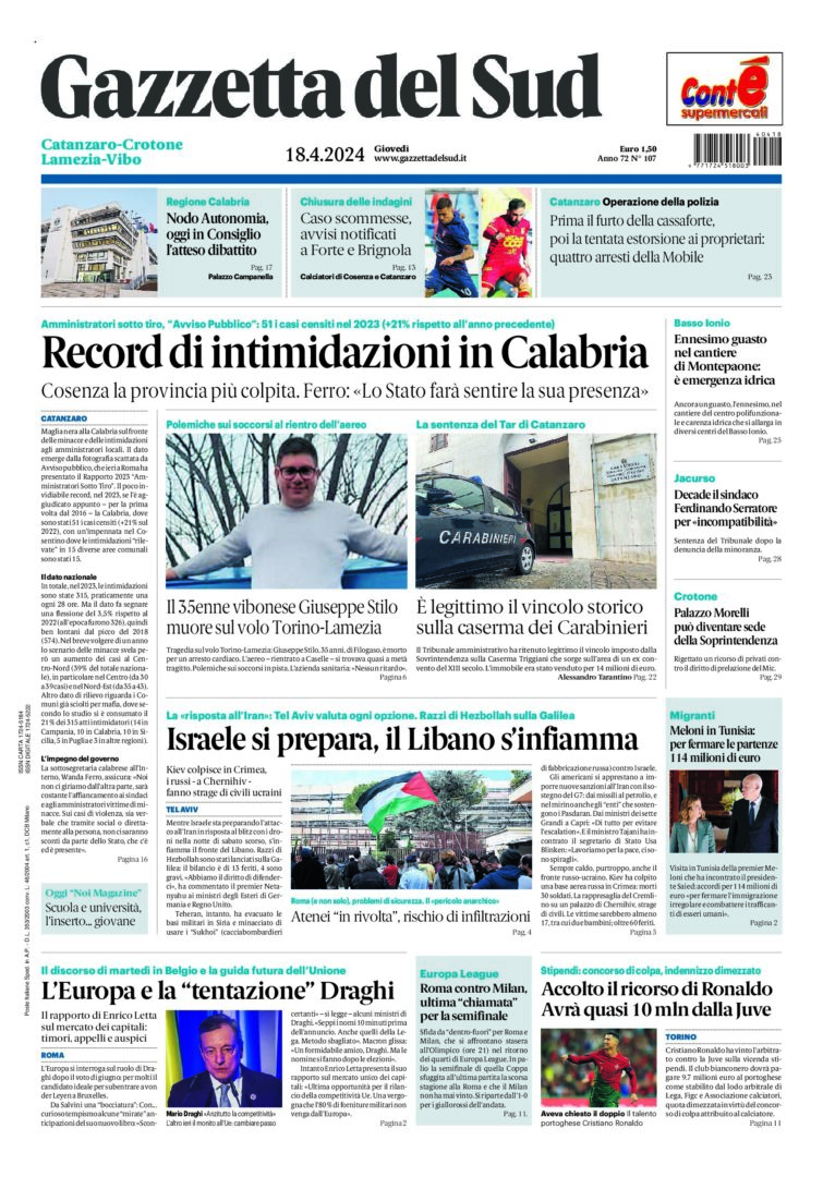 Prima-pagina-gazzetta-del-sud-calabria-di-oggi-18-04-2024