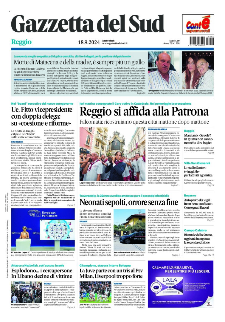 Prima-pagina-gazzetta-del-sud-calabria-di-oggi-18-09-2024