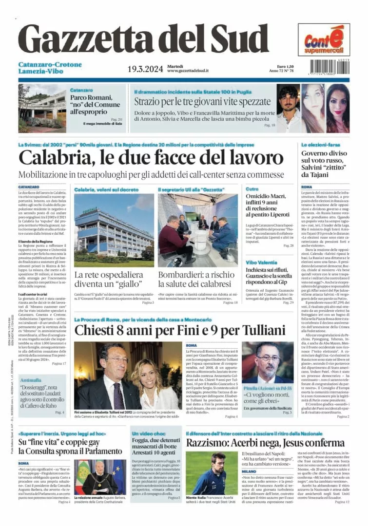 Prima-pagina-gazzetta-del-sud-calabria-di-oggi-19-03-2024