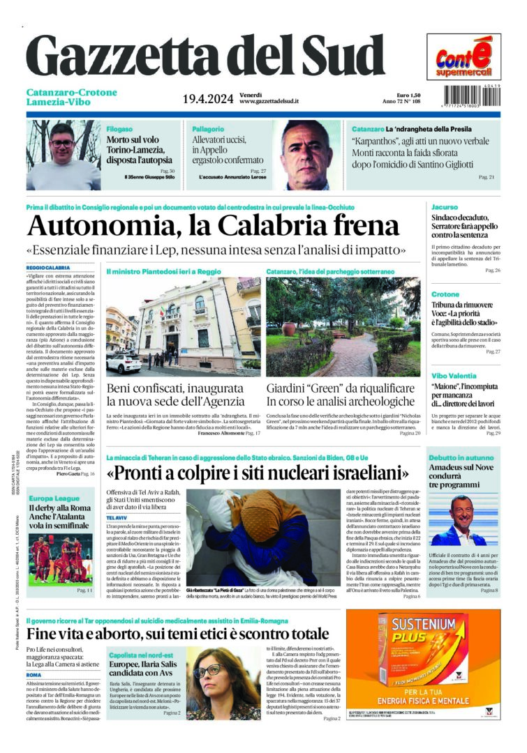 Prima-pagina-gazzetta-del-sud-calabria-di-oggi-19-04-2024