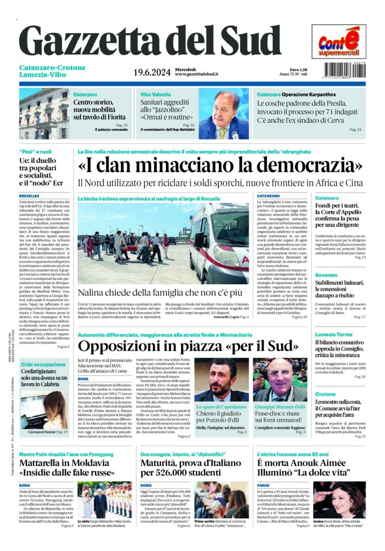 Prima-pagina-gazzetta-del-sud-calabria-di-oggi-19-06-2024