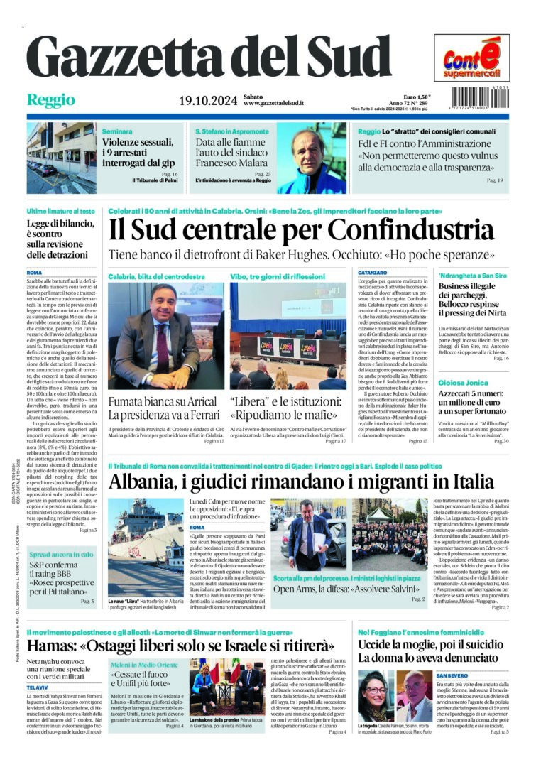 Prima-pagina-gazzetta-del-sud-calabria-di-oggi-19-10-2024