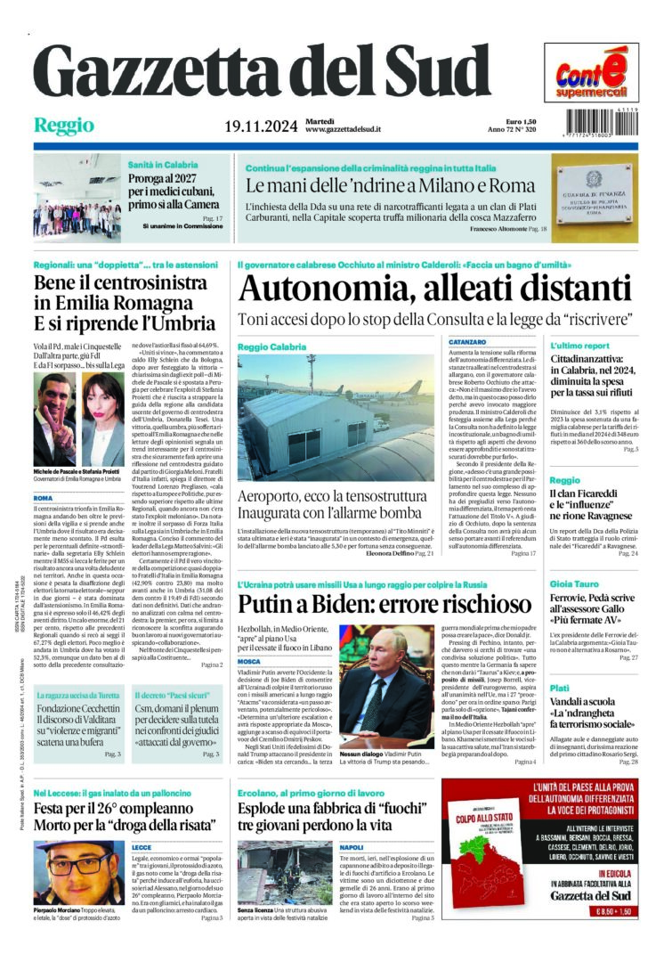 Prima-pagina-gazzetta-del-sud-calabria-di-oggi-19-11-2024