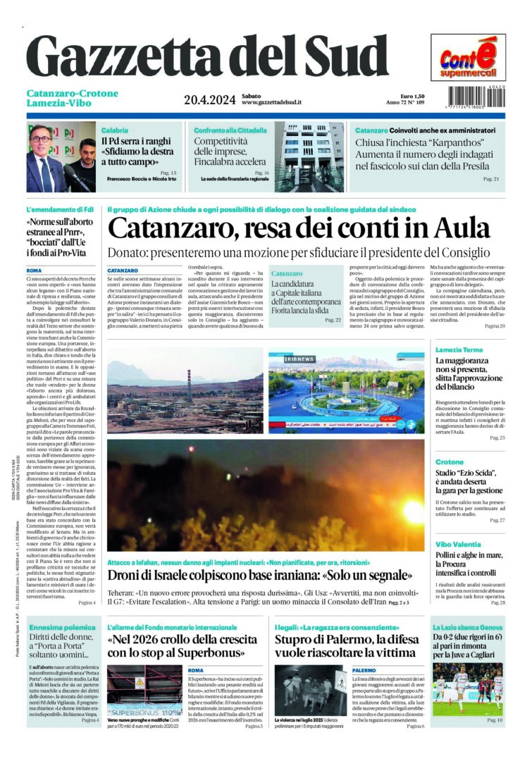 Prima-pagina-gazzetta-del-sud-calabria-di-oggi-20-04-2024