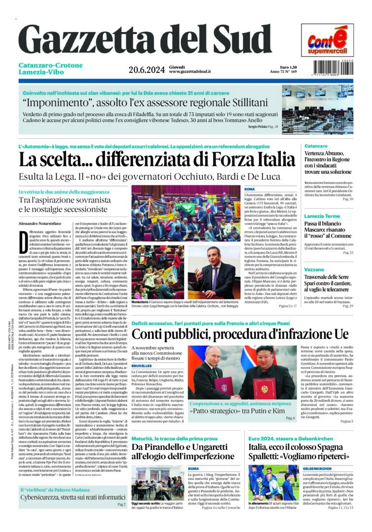 Prima-pagina-gazzetta-del-sud-calabria-di-oggi-20-06-2024